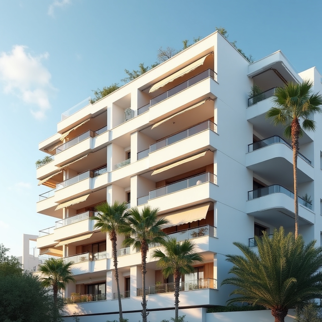 Fachada de edificio residencial con toldos en terrazas de distintos propietarios en la costa