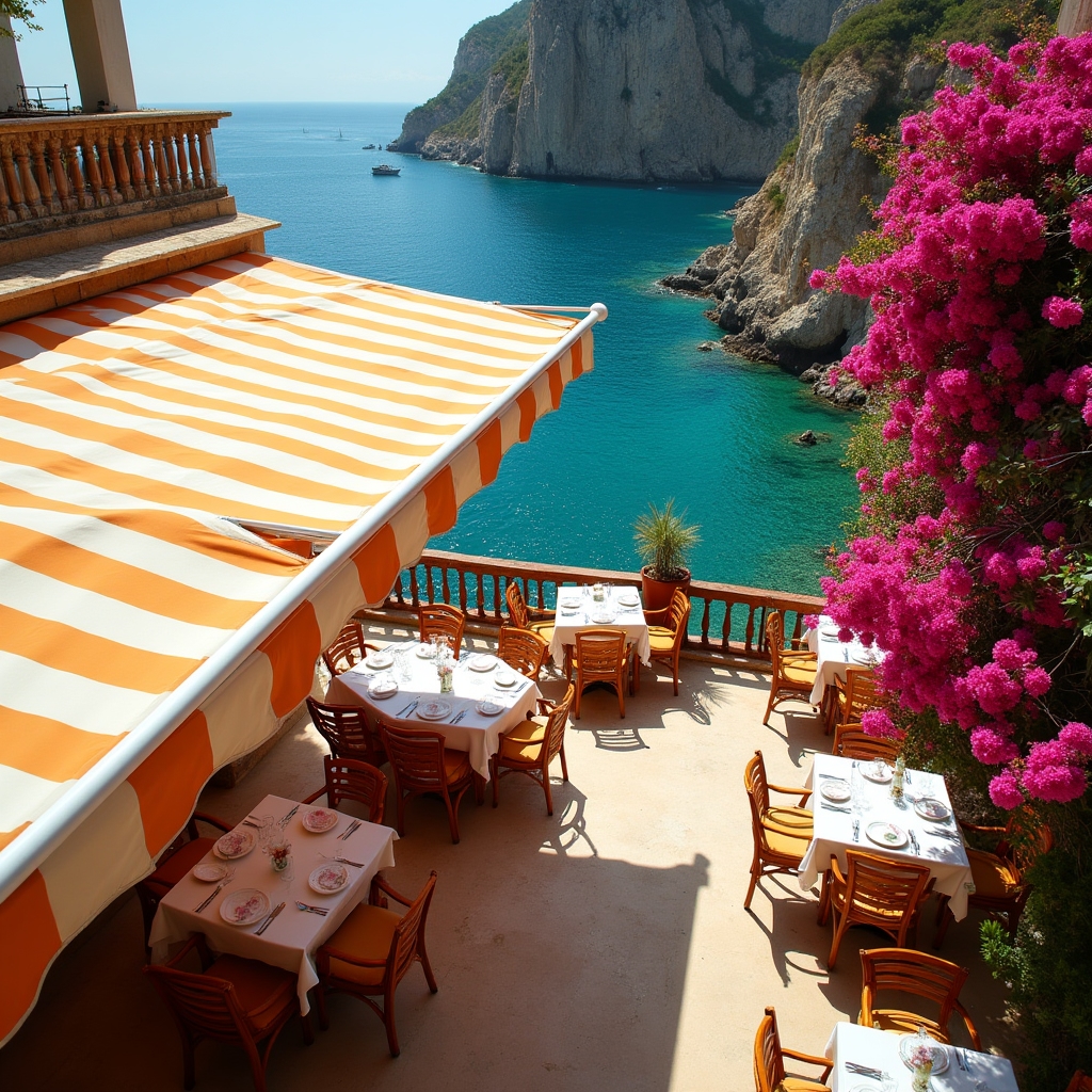 Terraza de restaurante con toldos limpios junto al mar en la costa de Málaga