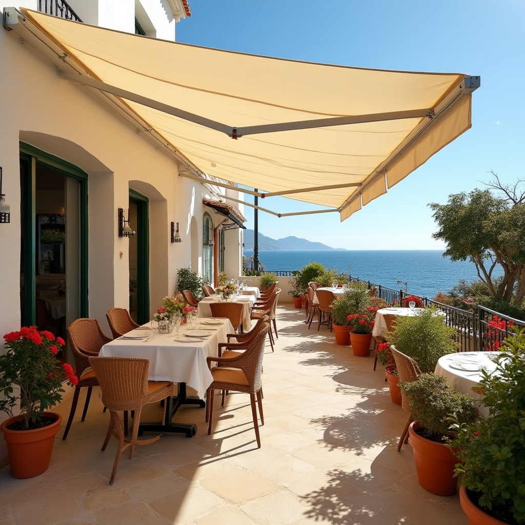 Terraza de restaurante en la costa con toldos limpios y presentables